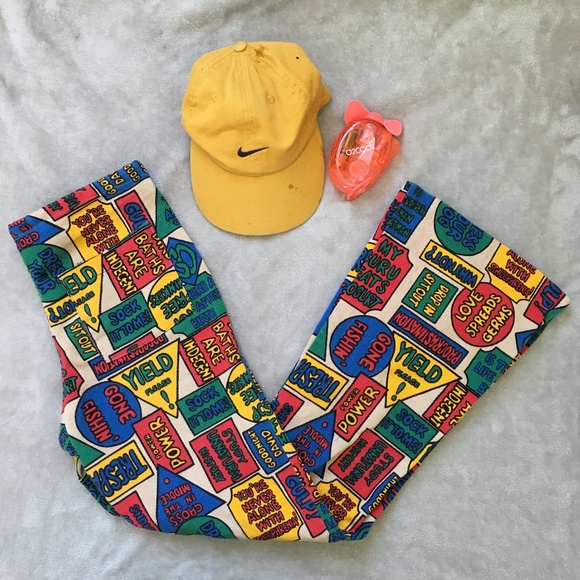 Vintage Pants - Vintage Funky Graphic Print Bootcut Linen Pants